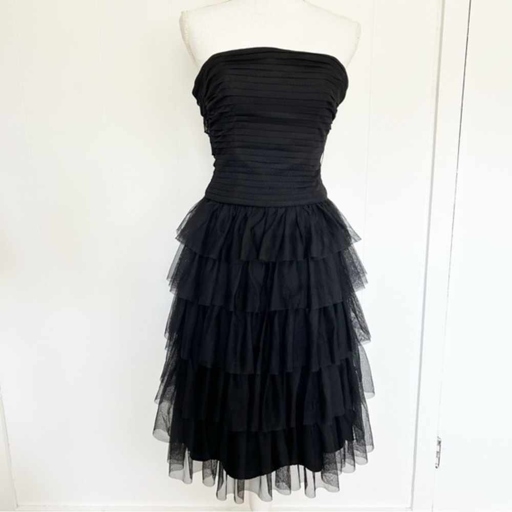 BCBGMaxAzria Black‎ Strapless Tiered Tulle Cocktail Midi Dress Size 0